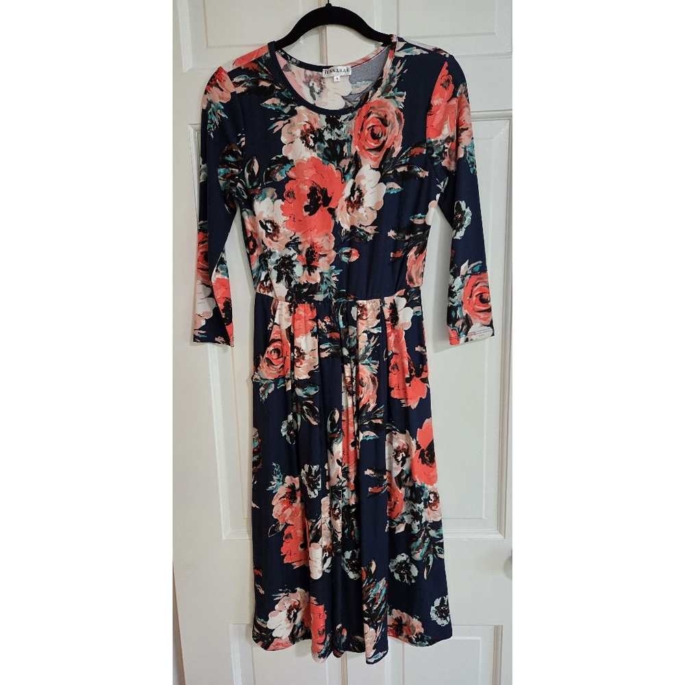JessaKae Navy Floral Long-sleeved Midi Dress Size Small with pockets